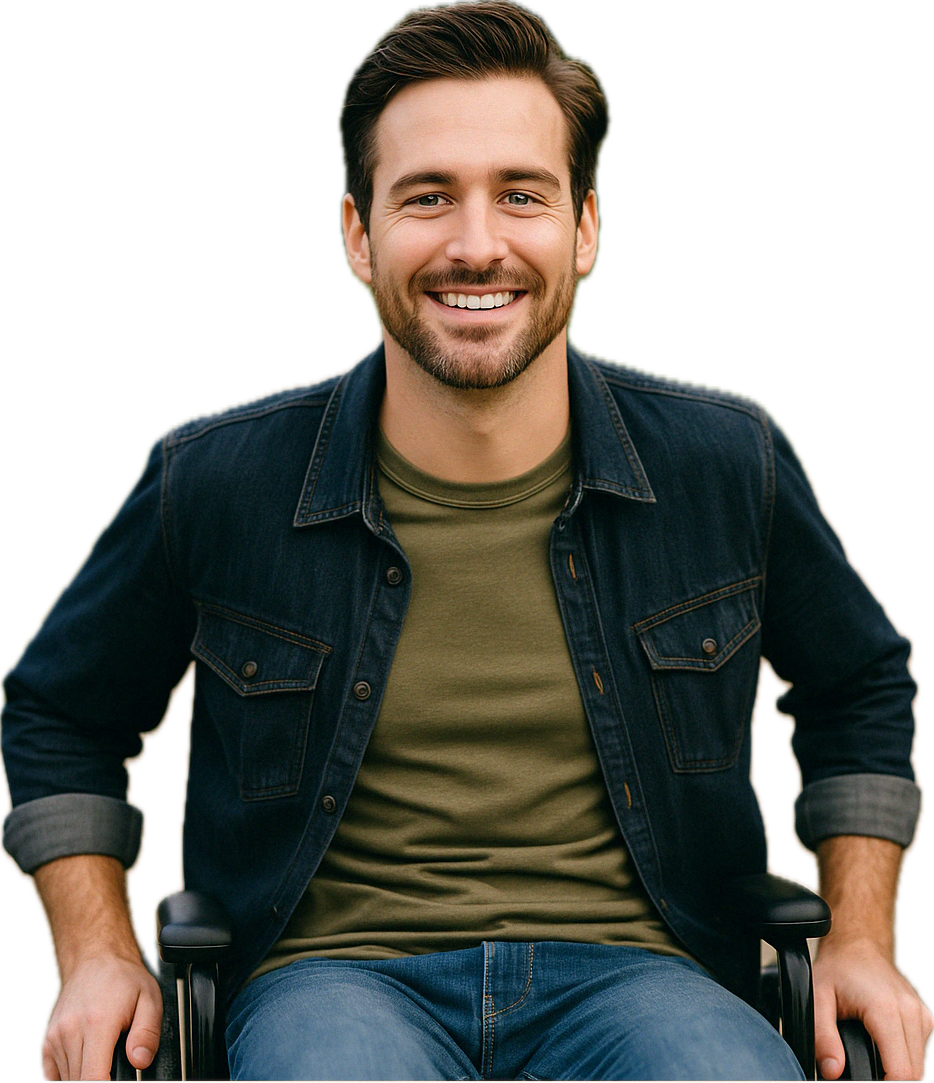 Person using a wheelchair smiling confidently